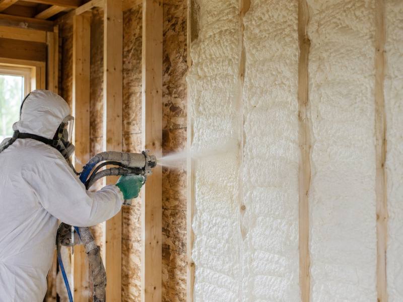 Installer spraying foam into an open stud wall in Waterloo