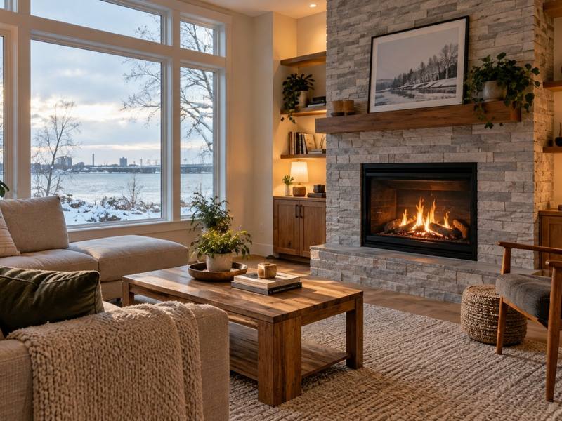 Warm living room with a gas fireplace on a winter evening in Waterloo