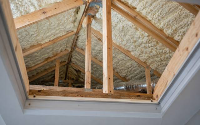 View up through an attic hatch into a foamed roof