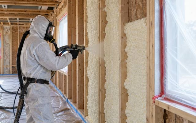 Installer spraying foam into new walls in Waterloo